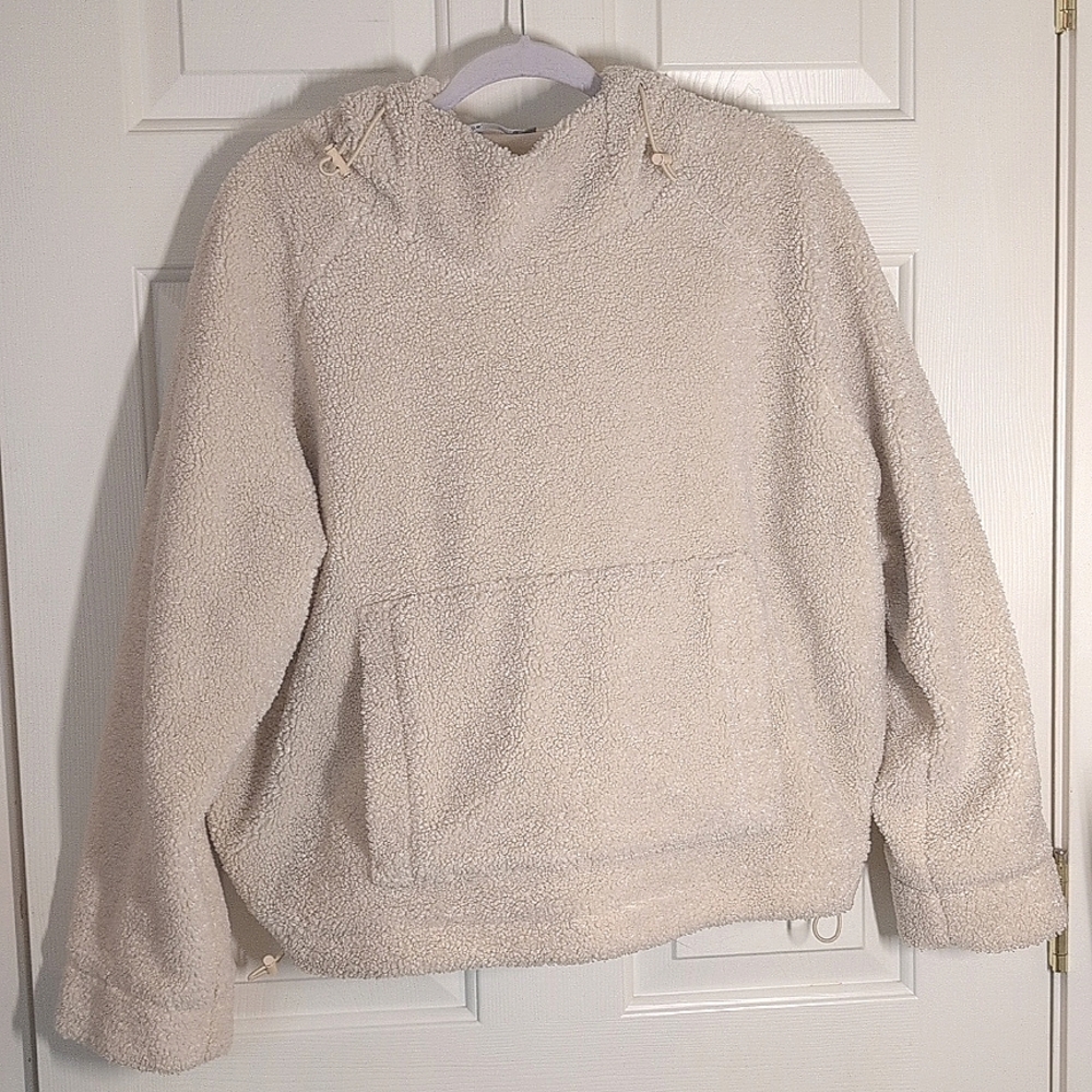 Vince  Cream Sandlewood Sherpa Oversized Hooded Pullover Large